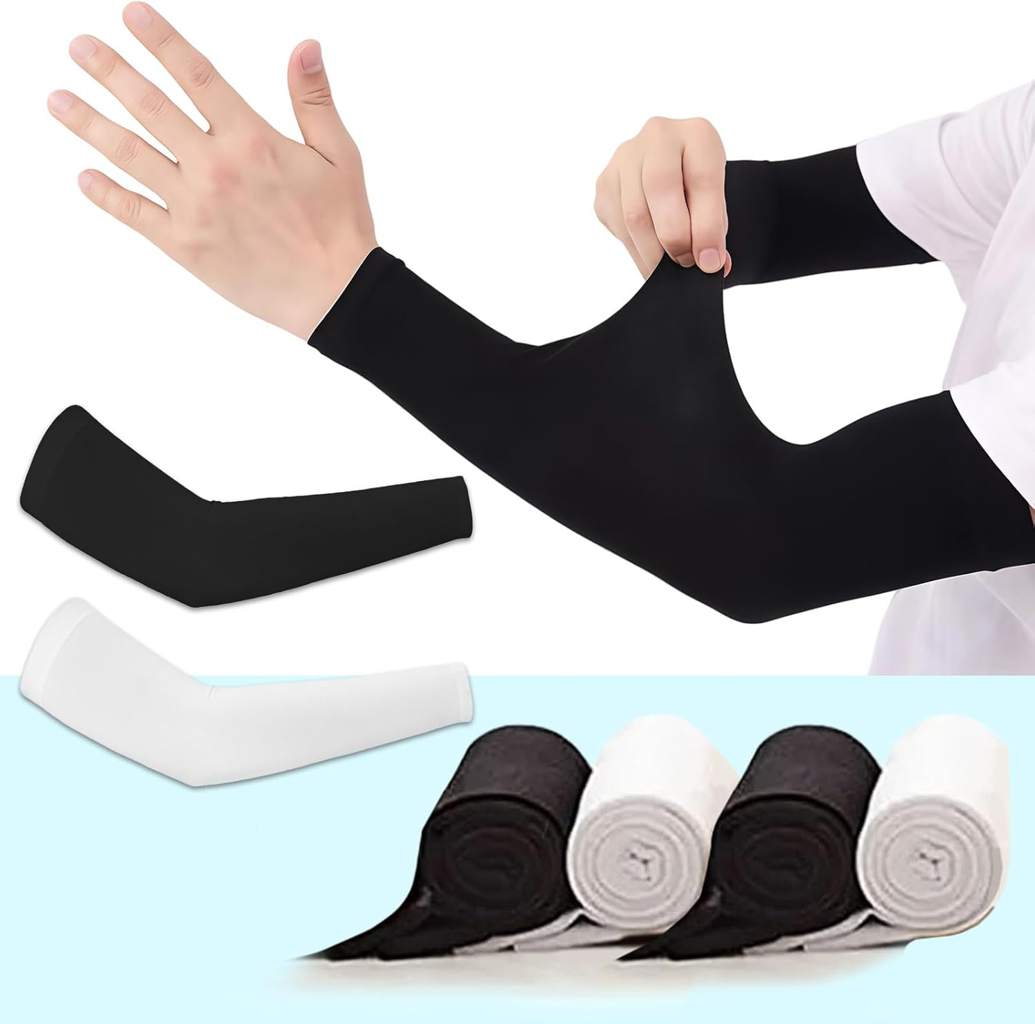 Jeyzuroa 2 Pairs UV Protection Arm Sleeves Cooling Compression Sleeves for Men Women Youth, Arm Support for Cycling Baseball Basketball Driving, One Size Fit Most (White&Black)