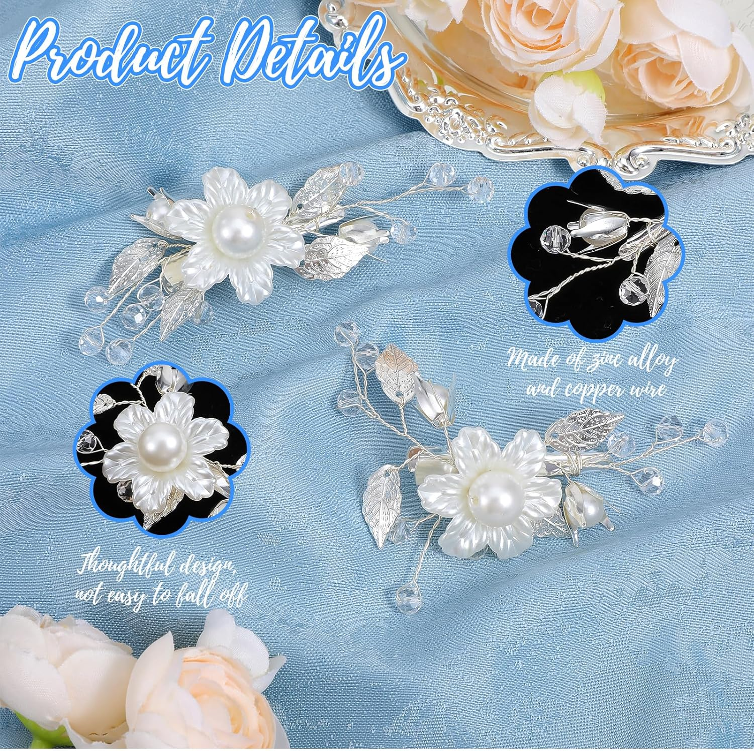Flower Hair Clips for Women, 2PCS White Flower Clips Silver Leaf Vine Floral Girl Hair Accessory, Pearl Hair Accessories for Brides and Wedding Women image number 6