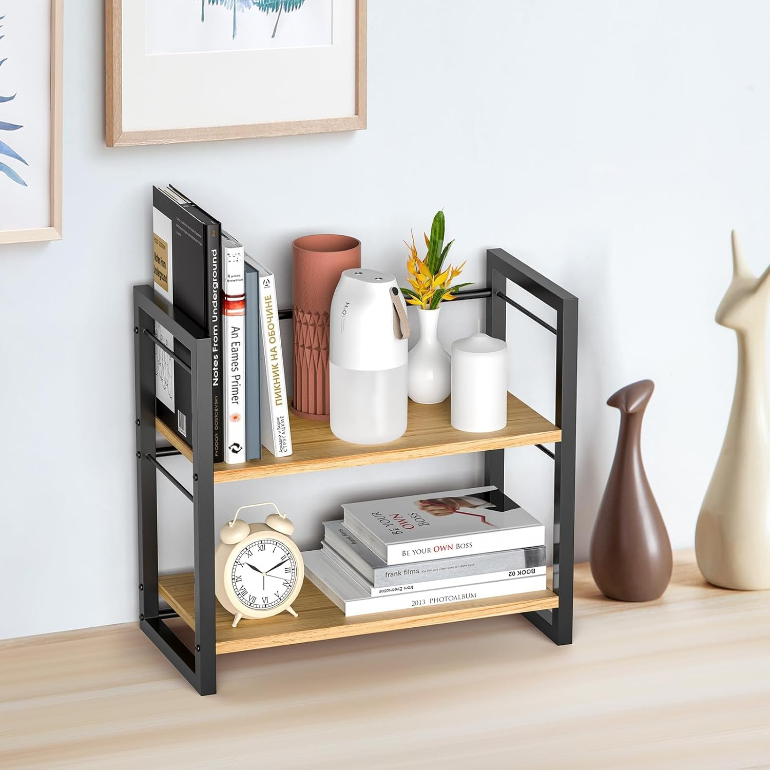 Office Desk Shelf Organizer, Wood Desktop Bookshelf Supplies Storage Rack, Shelf for Top of Desk and Dresser (Black-2 Tier) image number 4