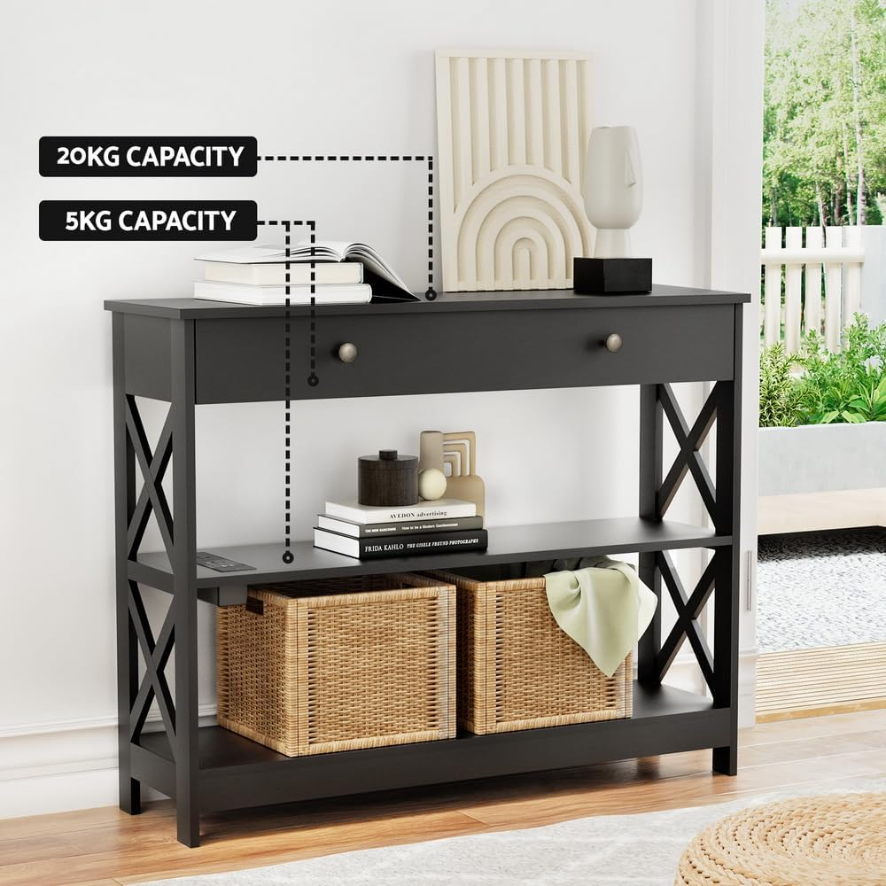Artiss Console Table 3-Tier Entry Hallway Shelf Drawer Wood Outlets USB Ports image number 1