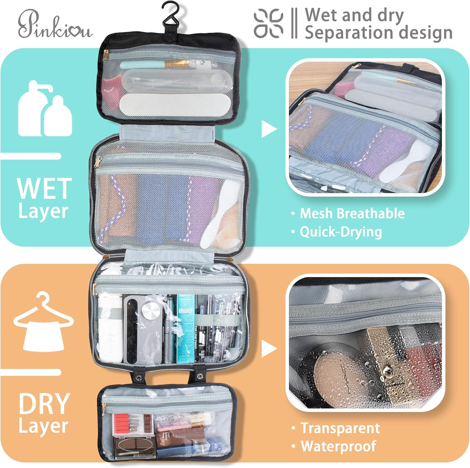 Pinkiou Travel Cosmetic Bag, Hanging Toiletry Bag with Sturdy Hook, Wall Hanging, Waterproof Toiletry Bag with Large Capacity for Women, Men, Travel Utensils, Storage Bag, Black image number 2