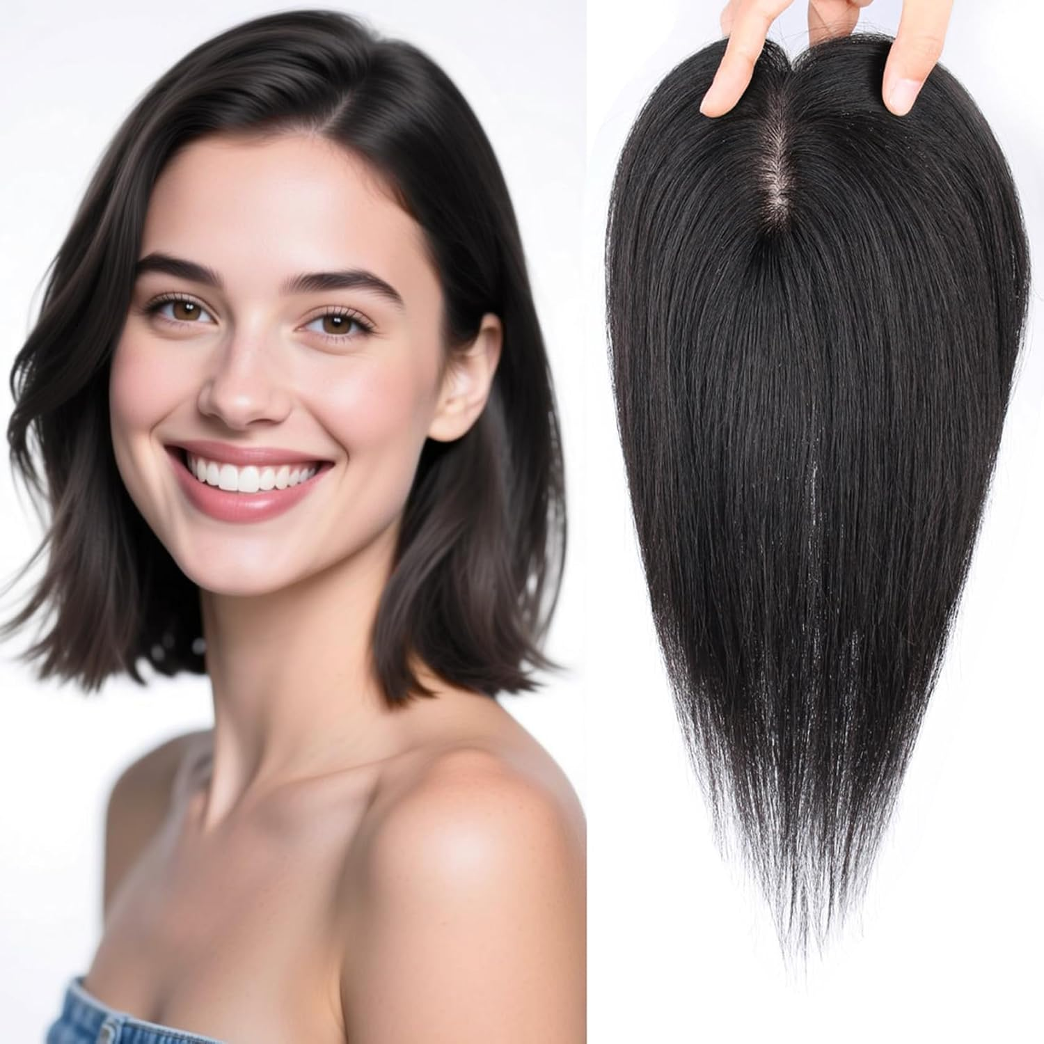 ICRAB Side Part Natural Hair Topper Wig Pieces Human Hair 13X14Cm Silk Base Crown Topper Clip in Hairpiece Large Coverage Wiglets Hairpieces for Thinning Hair Loss Natural Black,Left Part 12 Inch image number 7