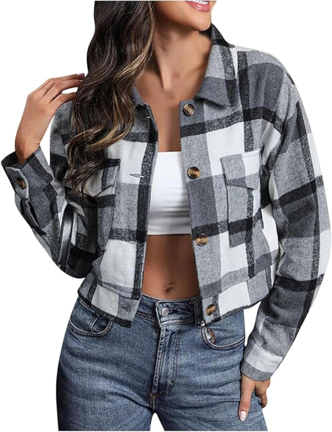 Women'S Casual Flannel Jacket Button down Shirts Jacket Coats Long Sleeve Tops with Pockets image number 6
