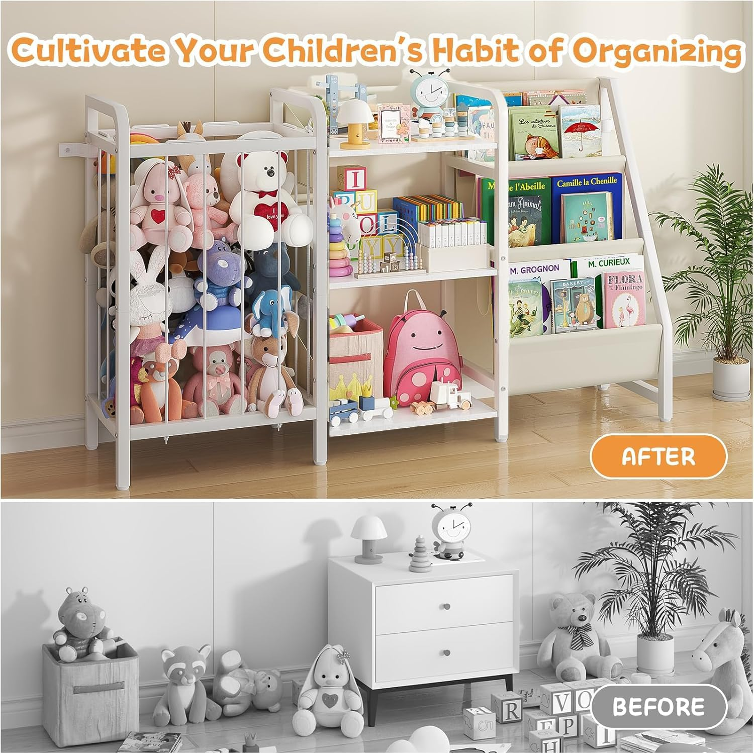 Children'S Book Shelf and Toy Organizer, 3 Tier Book Shelf for Kids Rooms,Sling Baby Bookcase with Stuffed Animal Organizer, Montessori Toddler Bookshelf for Children'S Room,Nursery, Bedroom, Playroom image number 3