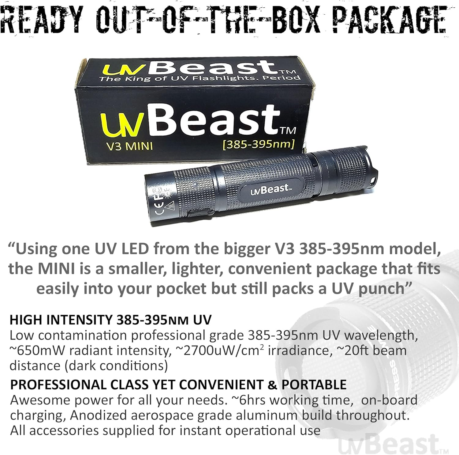 Uvbeast New V3 Mini - 385-395Nm - Black Light UV Flashlight &ndash; High Flux Density Ultraviolet - Professional Grade High Power Upgraded 5 Core UV LED &ndash; USA Stock