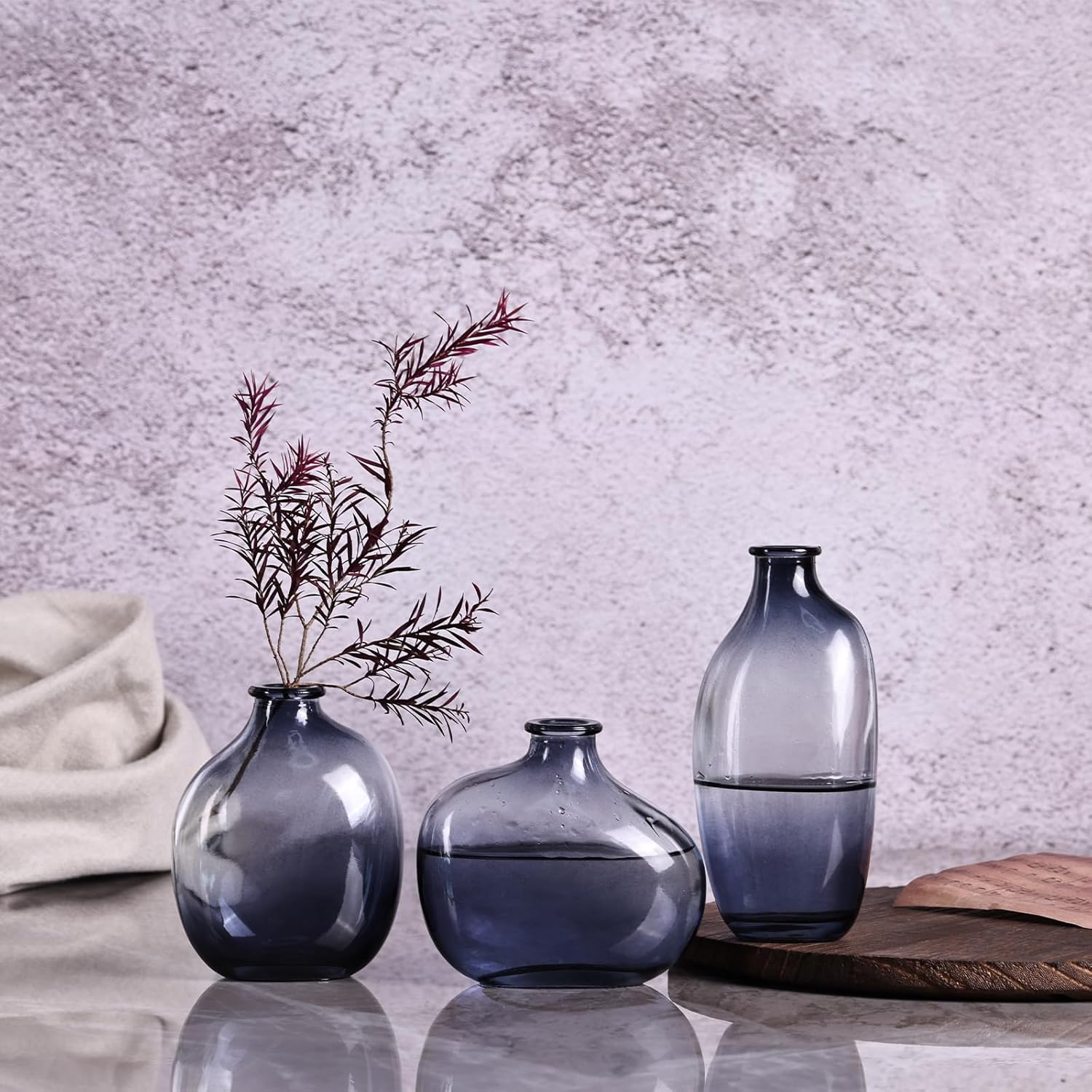 Set of 3 Light Blue Glass Bud Vases, Modern Decorative Fresh Flowers Small Vases for Home Table Centerpieces Wedding Parties Office Kitchen Shelves Decorative Bulk Mini Vases. - Green image number 2