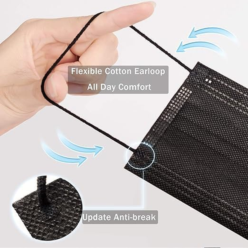 100Pcs Black Face Mask Disposable - Individually Wrapped Black Face Masks 3 Ply Disposable Comfortable Elastic Ear Loop Mask Safety Breathable Mouth Cover - Women Men Individually Wrapped Black Mask image number 6