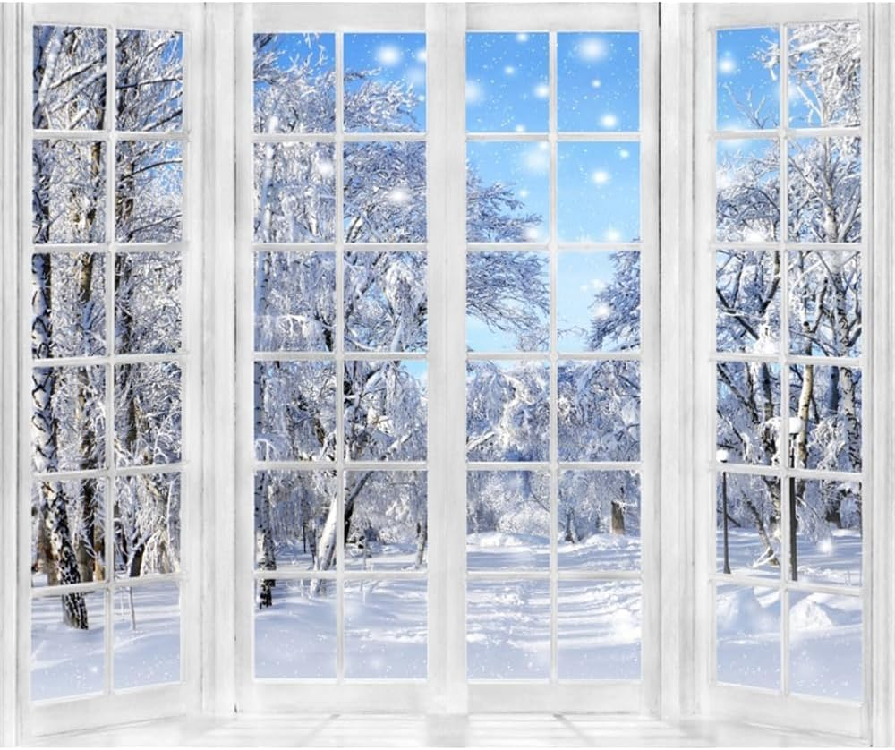 12X8Ft Winter Photography Backdrop Beautiful Nature Snowy Scenery Wonderland French Window Background for Kids Children Family Christmas Happy New Year Party Decor Banner Portrait Photo Booth Props image number 3