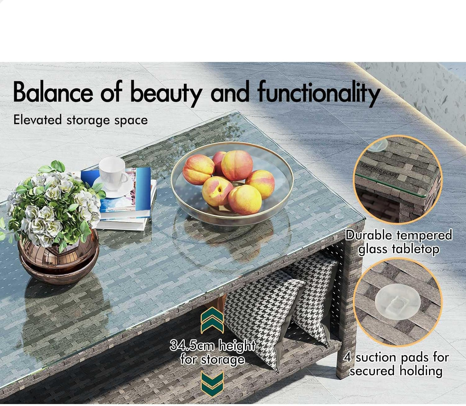 ALFORDSON Outdoor Patio Furniture 4Pcs Conversation Set, Wicker 4 Pieces Lounge Chair & Glass Coffee Table Setting, Steel Frame Garden Rattan Sofa with Cushions, Light Grey image number 1