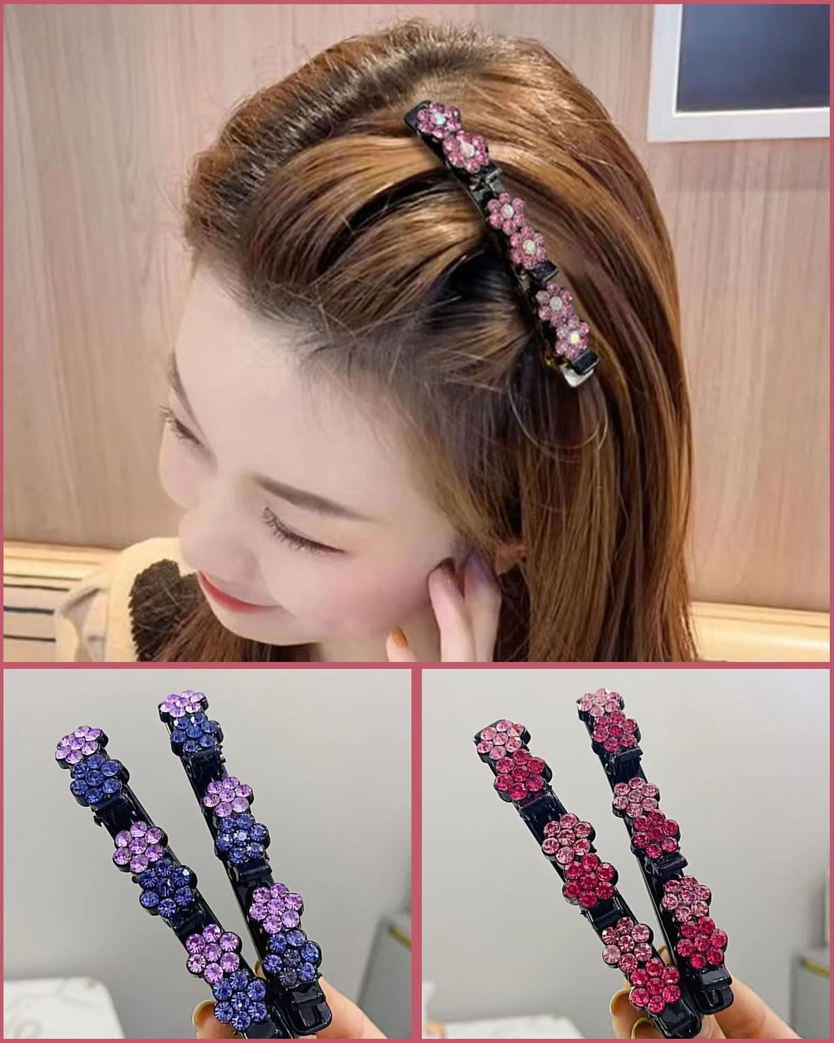 KGDUYC 4Pcs Braided Hair Clips with Crystal Stones, Hair Clip with Crystal Flower, Braided Duck Beak Clip, Braided Hair Clips, Hair Accessories for Women