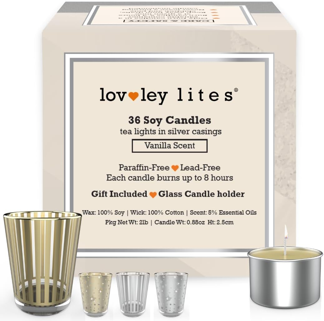 Soy Tealight Candles Vanilla - 36 Premium Long Burning Tea Lights, 1 Inch Tall Vanilla Scented with Essential Oils + Glass Candle Holder