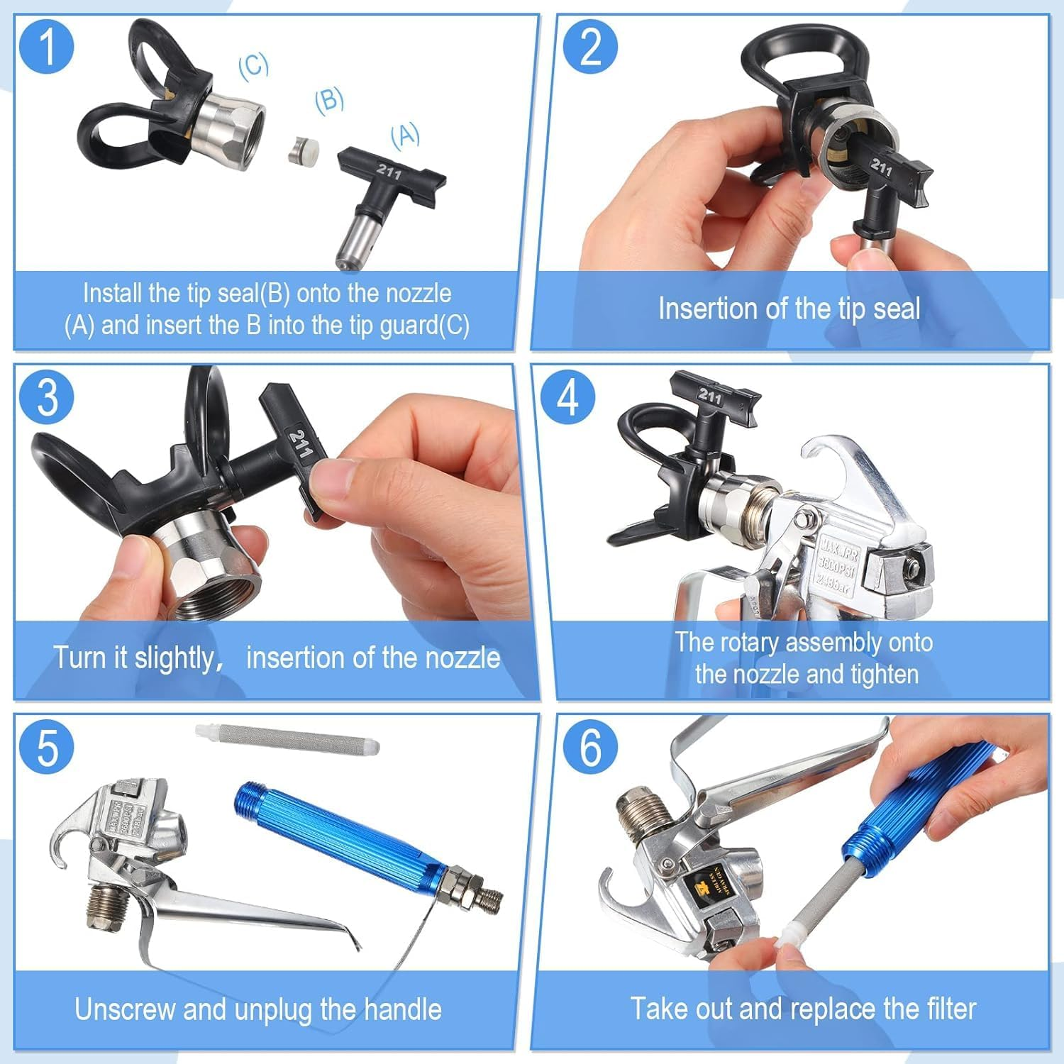 Airless Paint Sprayer Gun Kit 12-Piece- Complete Set with Nozzle Guard, 5 Spray Tips (211/313/415/517/623) & 5 Mesh Filters, Professional Spray Gun for Painting, Furniture, Fences & DIY Projects image number 6