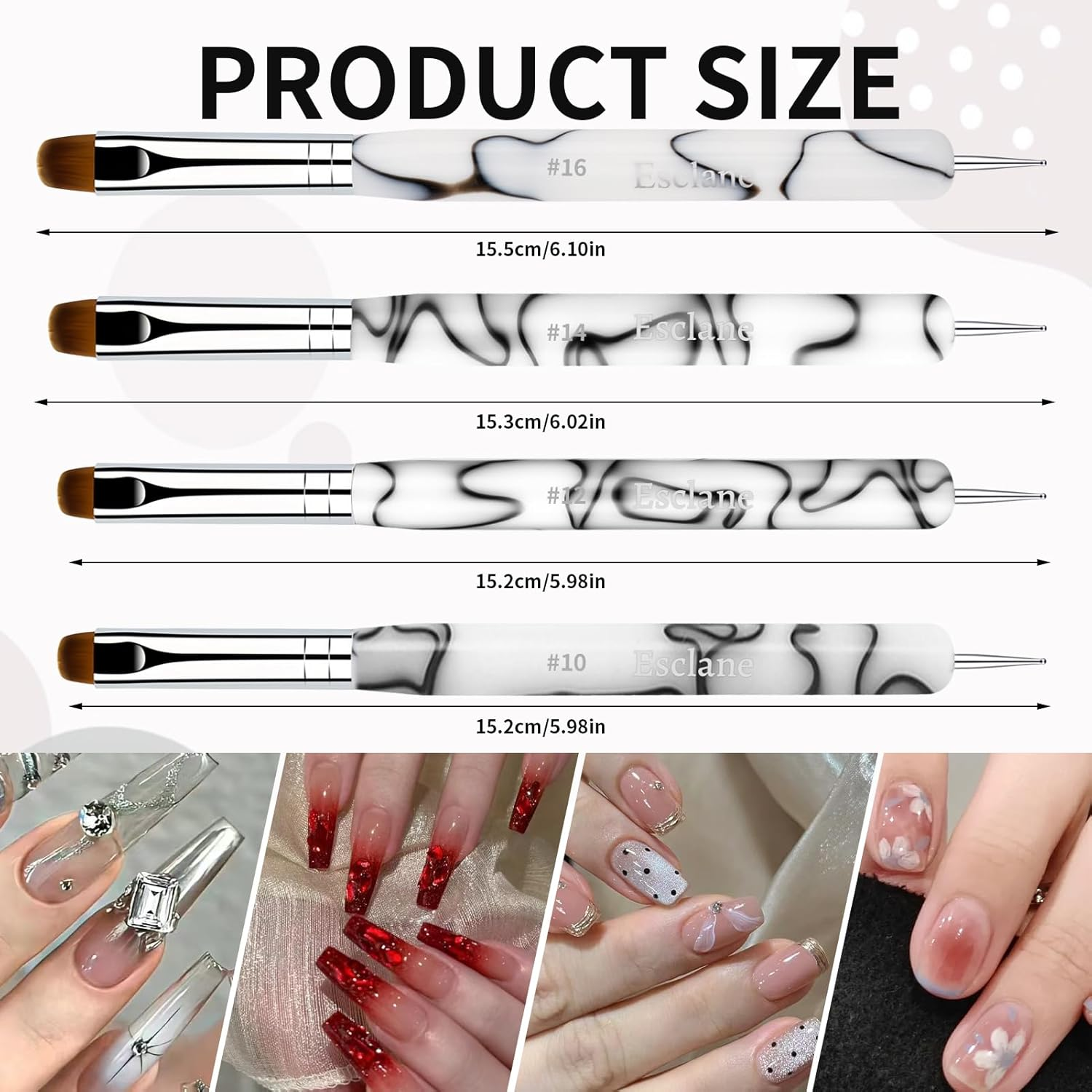 Esclane 2 Way French Nail Brush with Dotting Tool, White Marble Acrylic Handle, Nylon Head, Flat Tongue, French Tip Brush (#12) image number 6