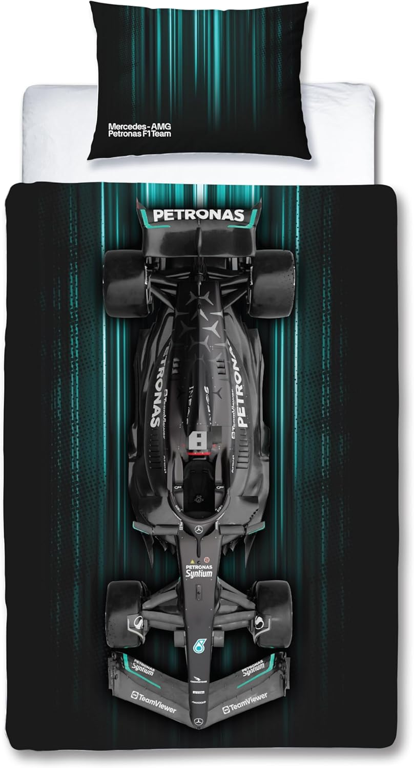 Character World Mercedes AMG Petronas Official Single Duvet Cover Set, Skyline Design | Grey Reversible 2 Sided Formula One Bedding Cover Official Merchandise Including Matching Pillow Case, Gray image number 4