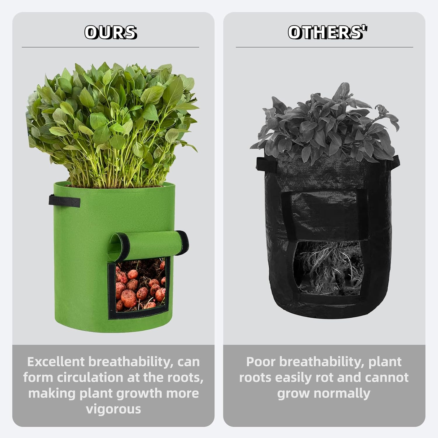 3 Pack Plant Grow Bags, Potato Grow Bags 10 Gallon with Viewing Window, Heavy Duty Thickened Nonwoven Fabric Pots with Handles, Large Plant Growing Bags Garden Grow Bags for Vegetables & Flowers image number 4
