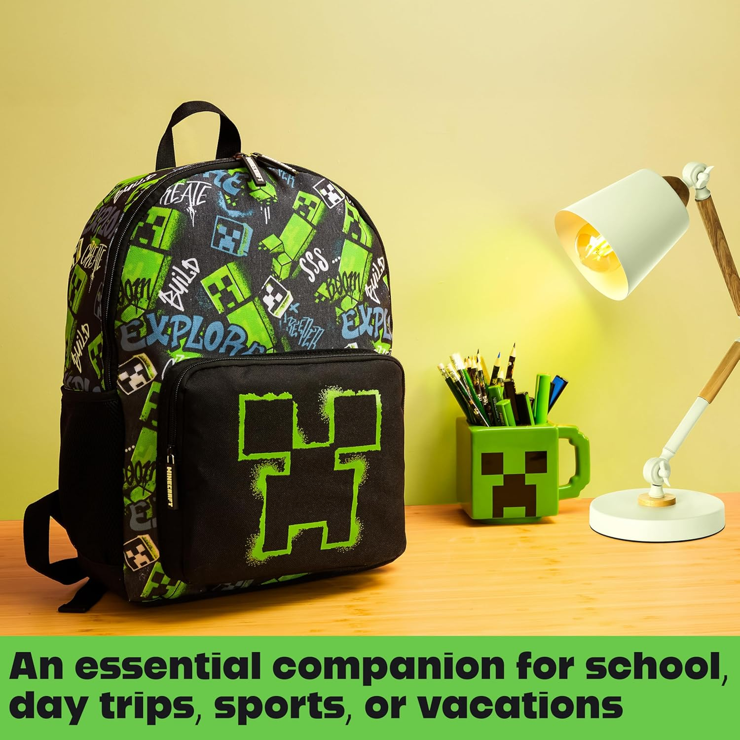 Minecraft Backpacks for Kids Creeper Boy Bag with Zipped Pockets Adjustable Straps image number 2