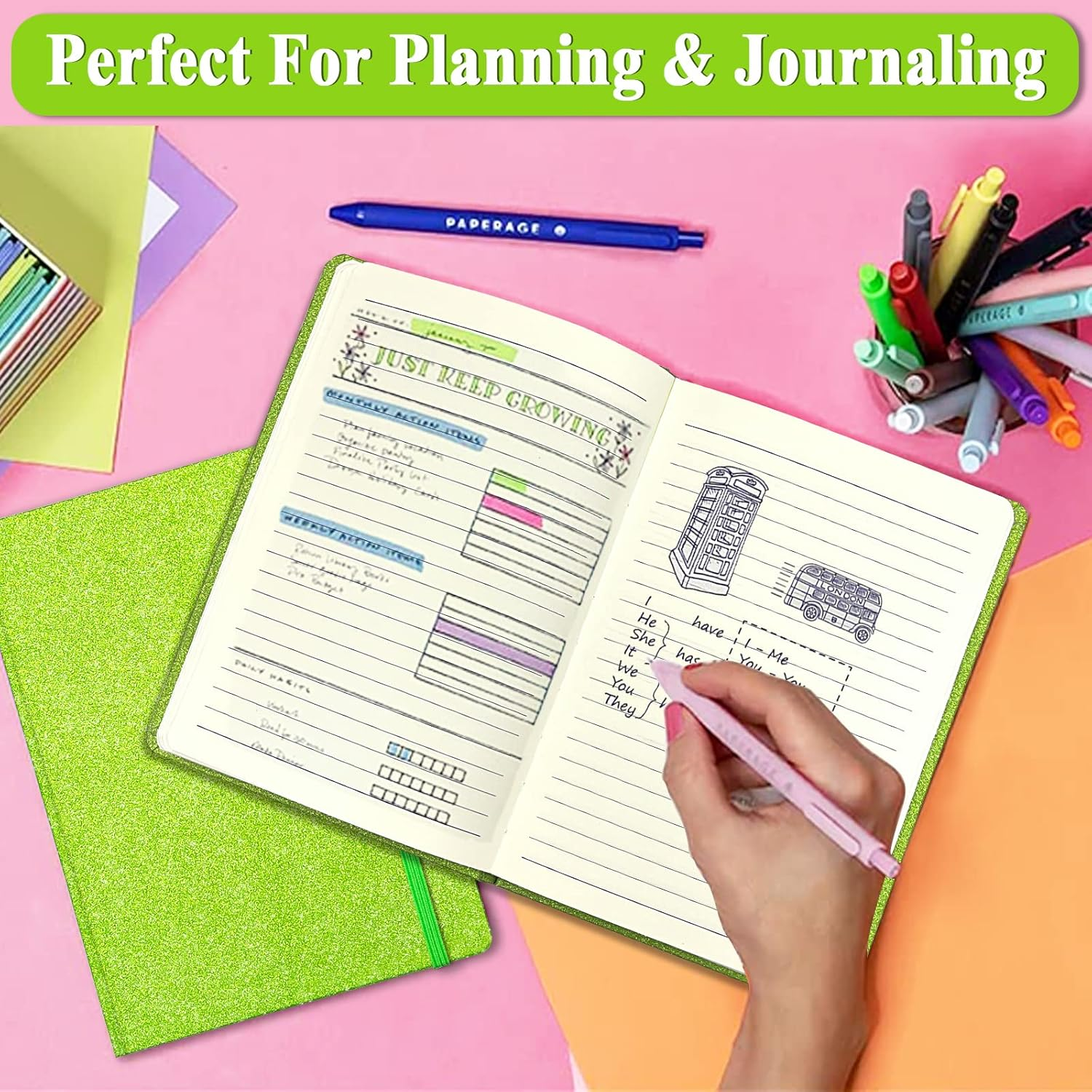 Green Glitter A5 Notebook, 8.3X5.7 Inches 160 Lined Pages Glitter Never Peel off Sparkle Writing Journal for Girls Ruled Hardcover Notebook for Teen Women Work Office Gifts image number 2