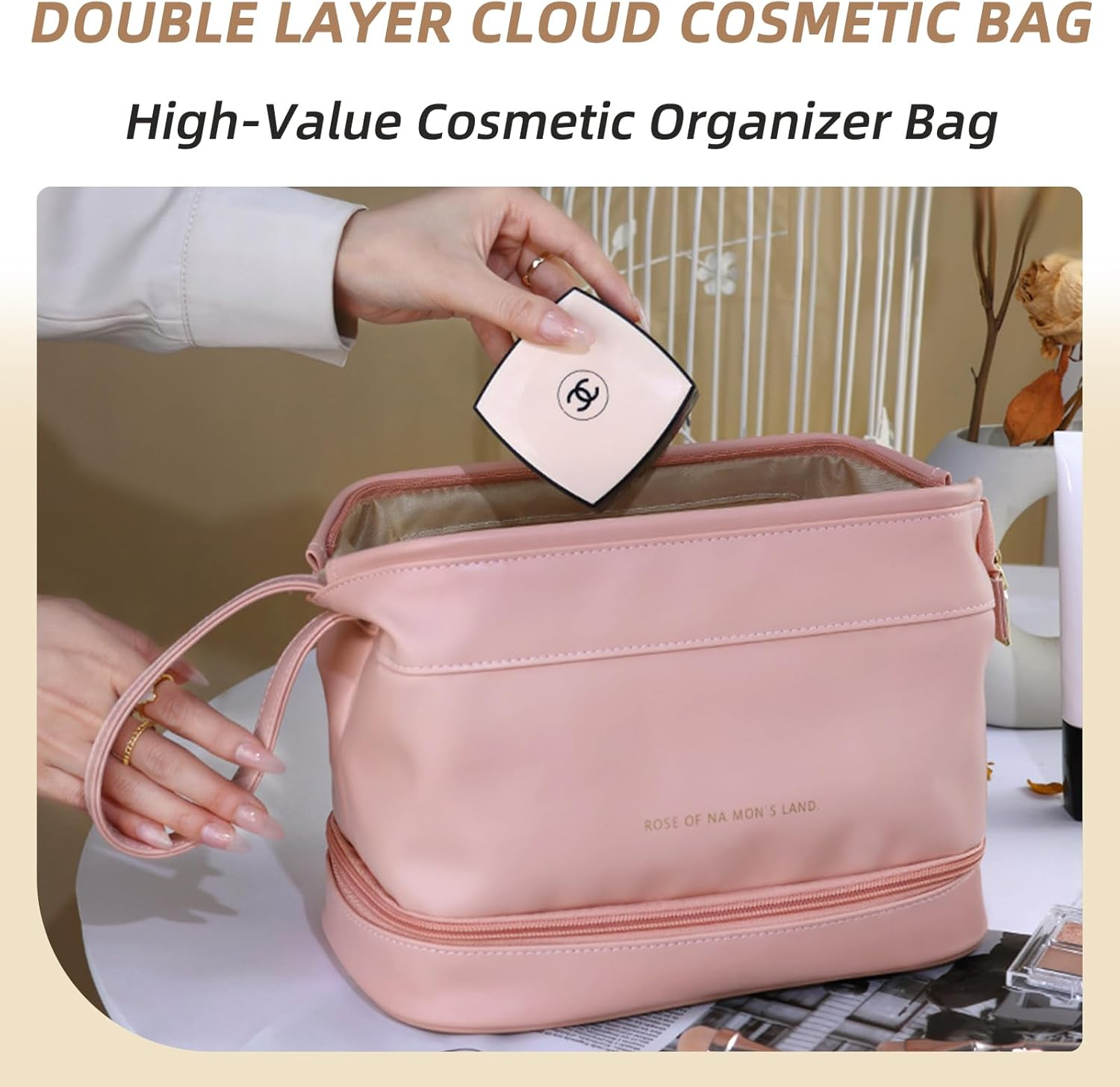 JZS Large Capacity Makeup Bag Ladies Cosmetic Bag Travel Bag with Compartments Portable PU Leather Travel Makeup Bag with Handle Pink