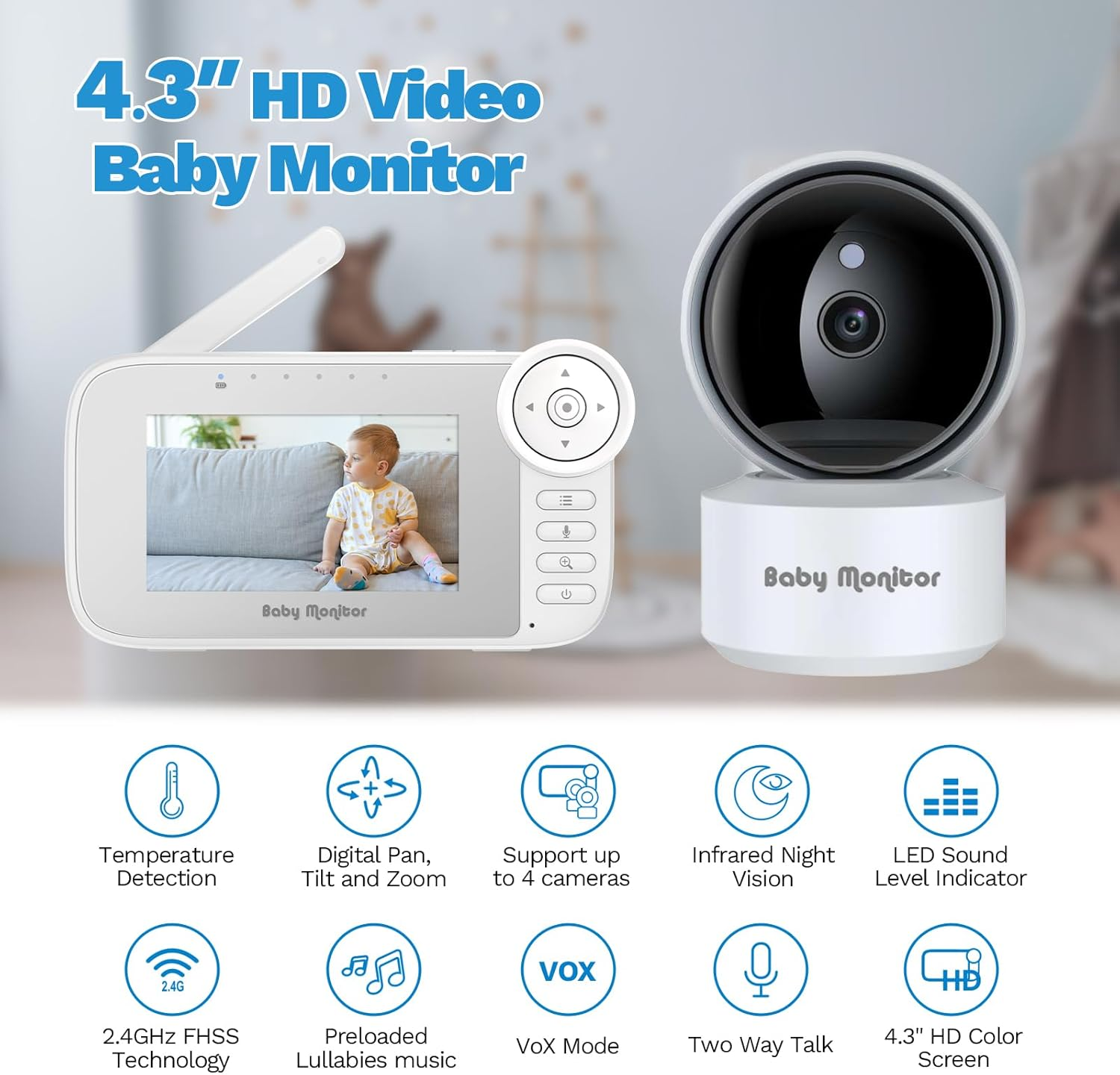 Video Baby Monitor with Camera, Cry Detection, Temp. Sensor, Night Vision, 4.3" Screen, 10 Lullabies, Baby Feeding Alert, Digital Zoom, Non-Wifi Baby Camera Monitor for Newborn Baby, Pets, Elderly image number 5