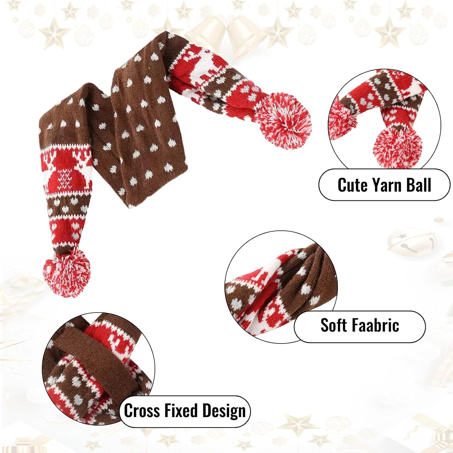 Yicoovey Christmas Pet Costume Set (Size L) - 2-Piece Reindeer Knitted Scarf & Santa Hat in Red/White, Soft Winter Outfit for Dogs/Cats, Festive Accessories & Photo Decoration