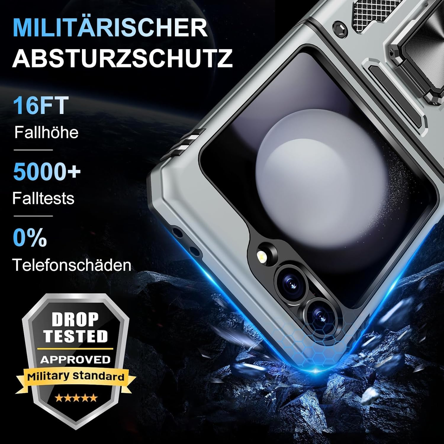 Mobile Phone Case for Samsung Galaxy Z Flip 5 Case with Slide Camera with Camera Protection Galaxy Z Flip 5 Protective Case 360&deg; Rotating Metal Ring Stand Shockproof for Samsung Z Flip 5 5G (Grey) image number 4