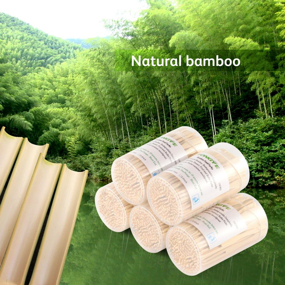TONGYE Bamboo Forks 3.5 Inch, Mini Food Picks Party, Banquet, Buffet, Catering Daily Life. Two Prongs - Blunt End Toothpicks Appetizer, Cocktail, Fruit, Pastry, Dessert. (110 PCS) image number 3