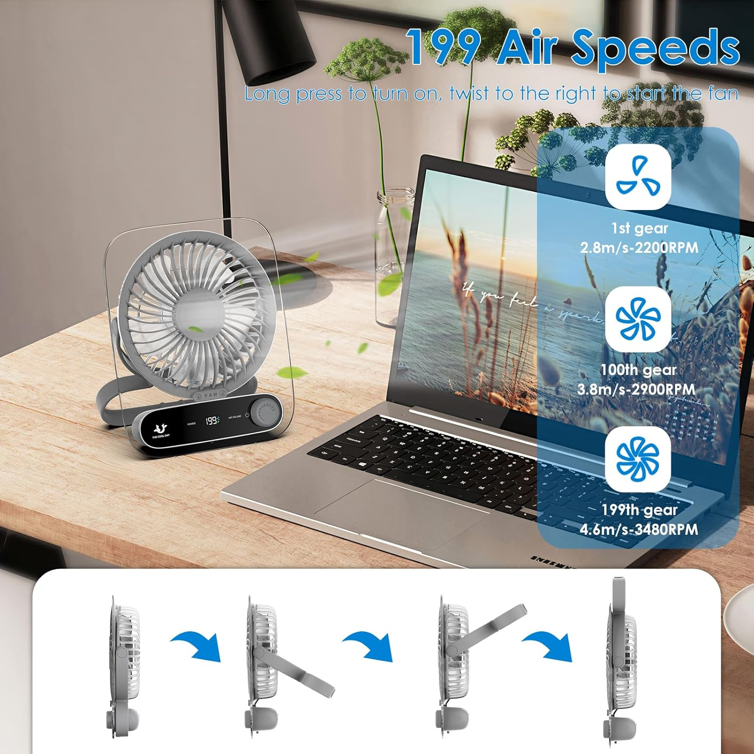 Simpeak Desk Fan Usb Rechargeable Fan, 199 Speed Portable Travel Fan, Operated 3-10 Hours, Silent Personal Small Table Fans for Bedroom Office Summer Outdoor (Grey)