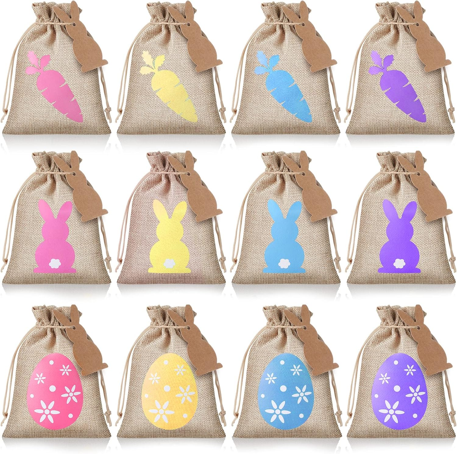 24 Pcs Easter Burlap Drawstring Bags Easter Burlap Bags with Drawstrings Bunny Linen Goody Gift Bags with Double Jute Drawstrings Easter Bags Burlap Easter Bunny Bags for Easter Party (Bright Style)