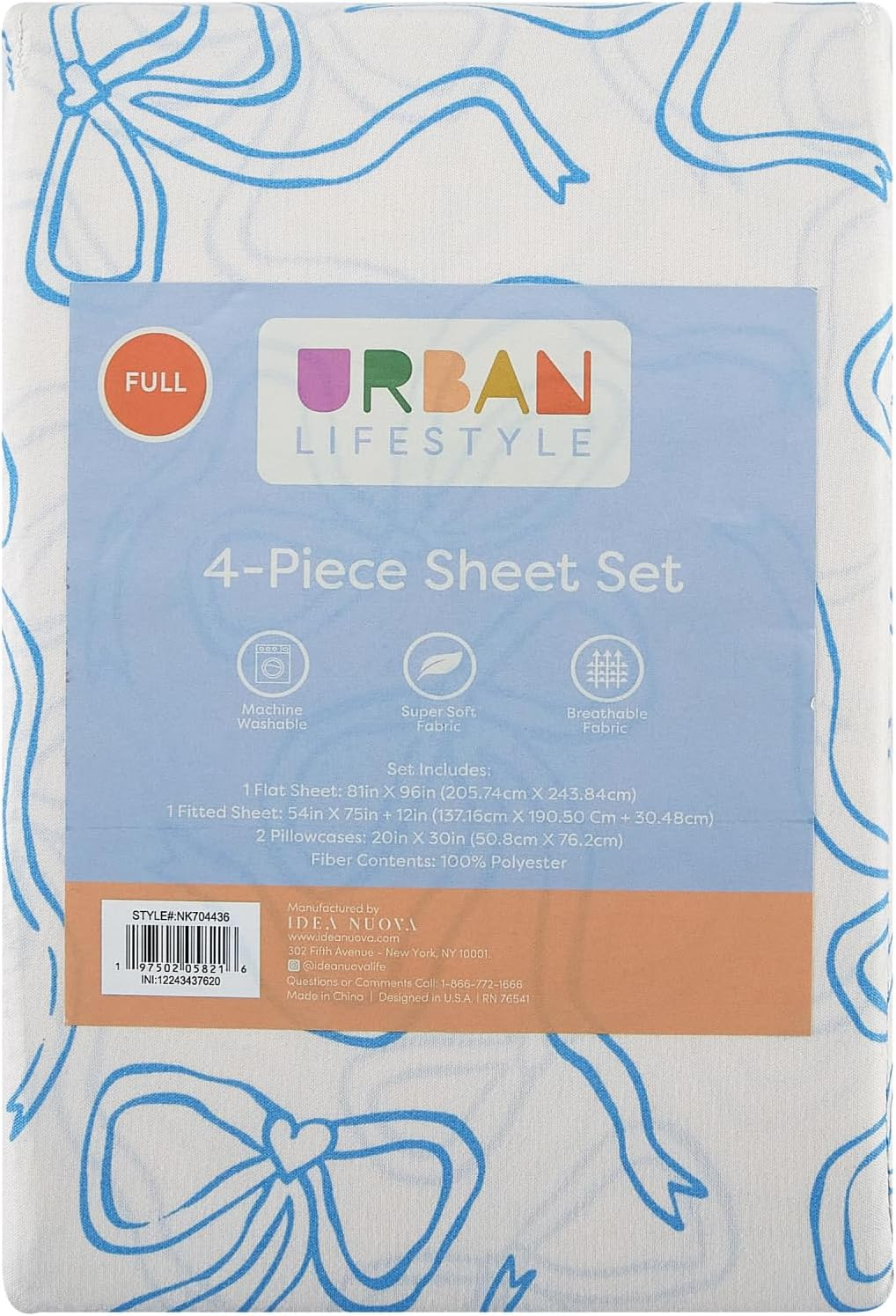 Urban Lifestyle 4-Piece Full Sheet Set,Coquette Bow Design in Baby Blue, Includes Fitted Sheet, Flat Sheet & 2 Pillowcases,Soft & Stylish Bedding for Girls and Teens image number 5