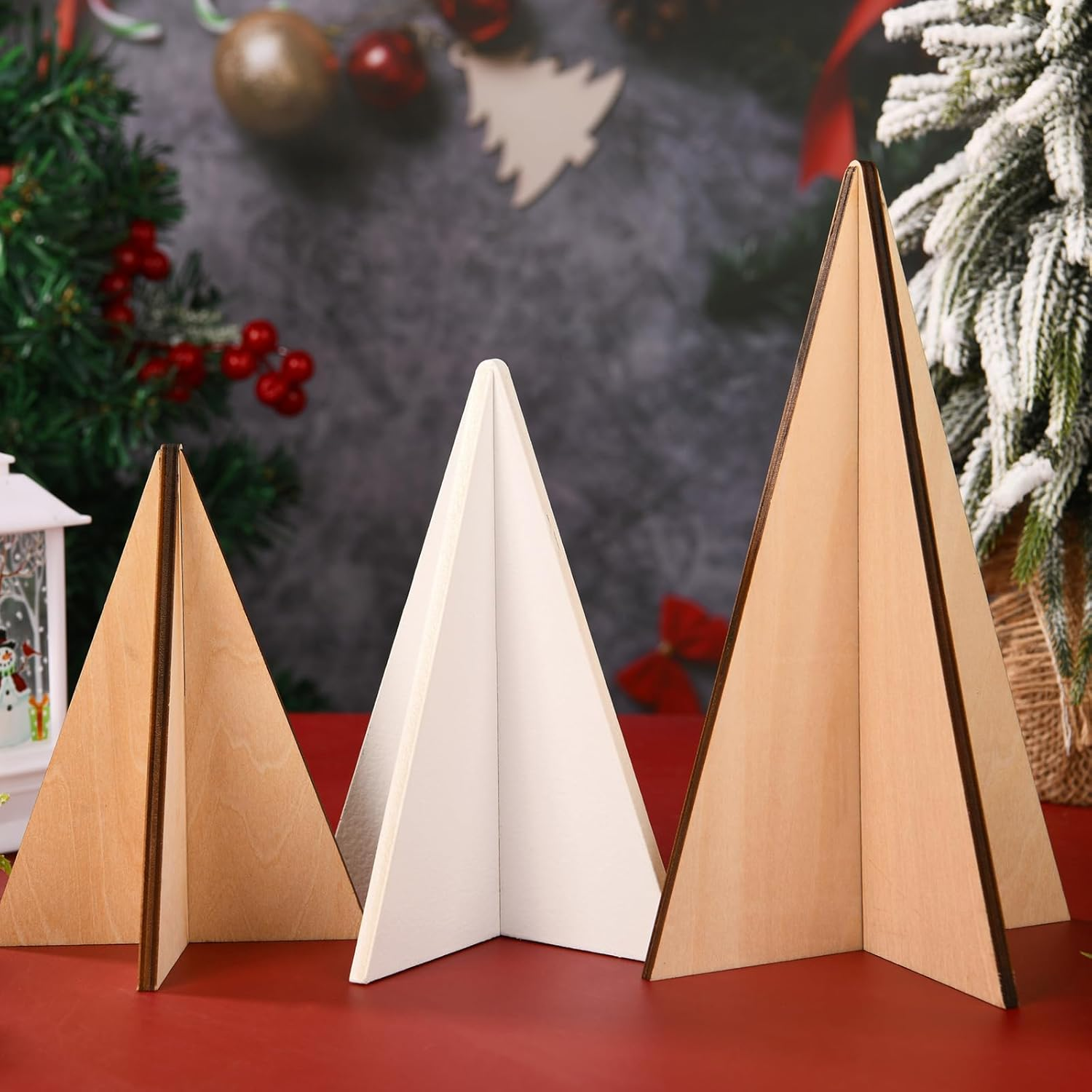 5Pcs Christmas Wooden Tree Decor 3D Farmhouse Christmas Tree Tabletop Ornaments Sanding Wooden Xmas Centerpiece for Home Office Indoor Tiered Tray Christmas Decoration image number 4