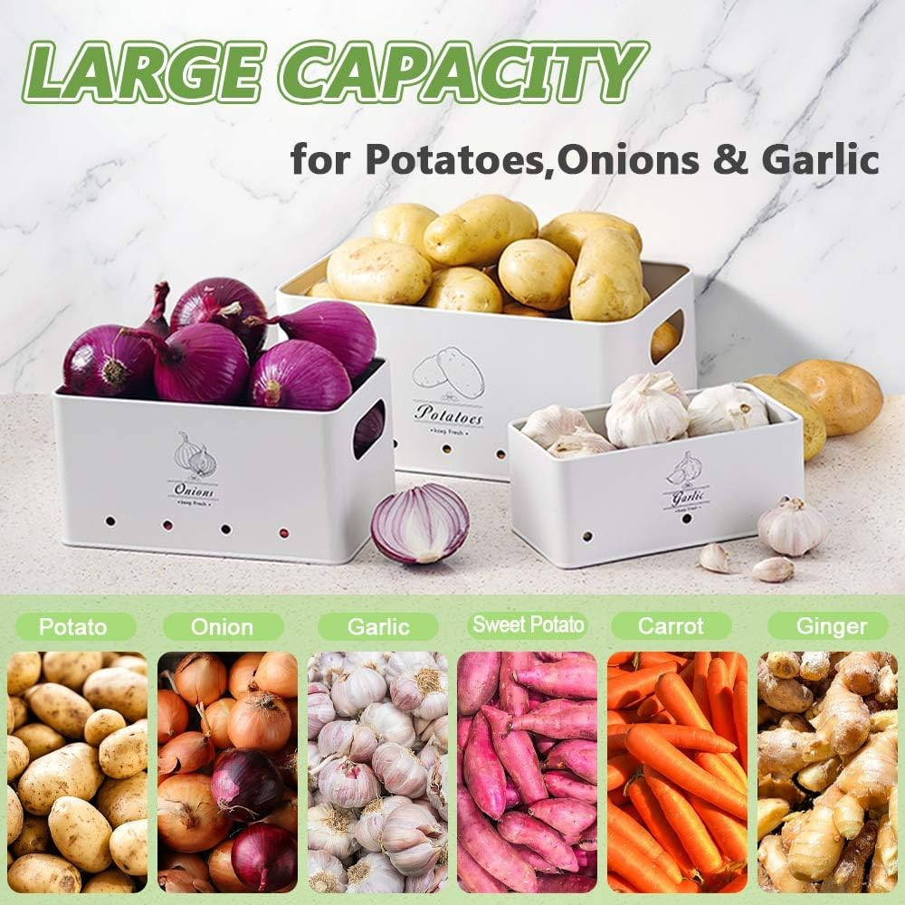 8PCS Kitchen Vegetable Storage Containers,Potato and Onion Garlic Storage Bin with Peeler,Slicer,Masher,Garlic Press & Cloth, Carbon Steel Potato Storage Box with Airflow & Wooden Lid (White) image number 2