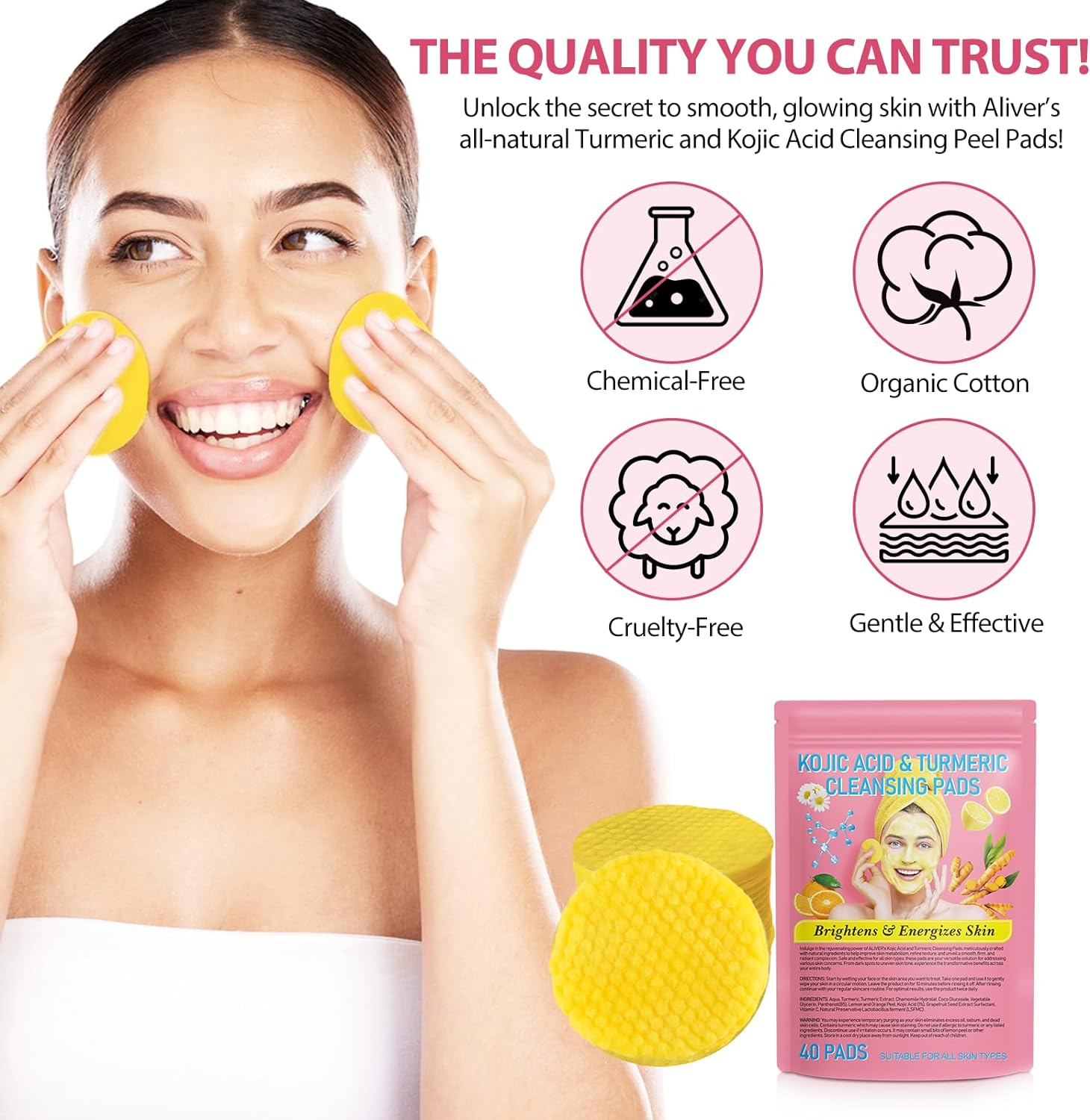 Turmeric Cleansing Pads, Kojic Acid and Turmeric Cleansing Pads Helps Balance Skin Oil and Water, Remove Excess Keratin from the Body'S Skin (Pink) image number 4