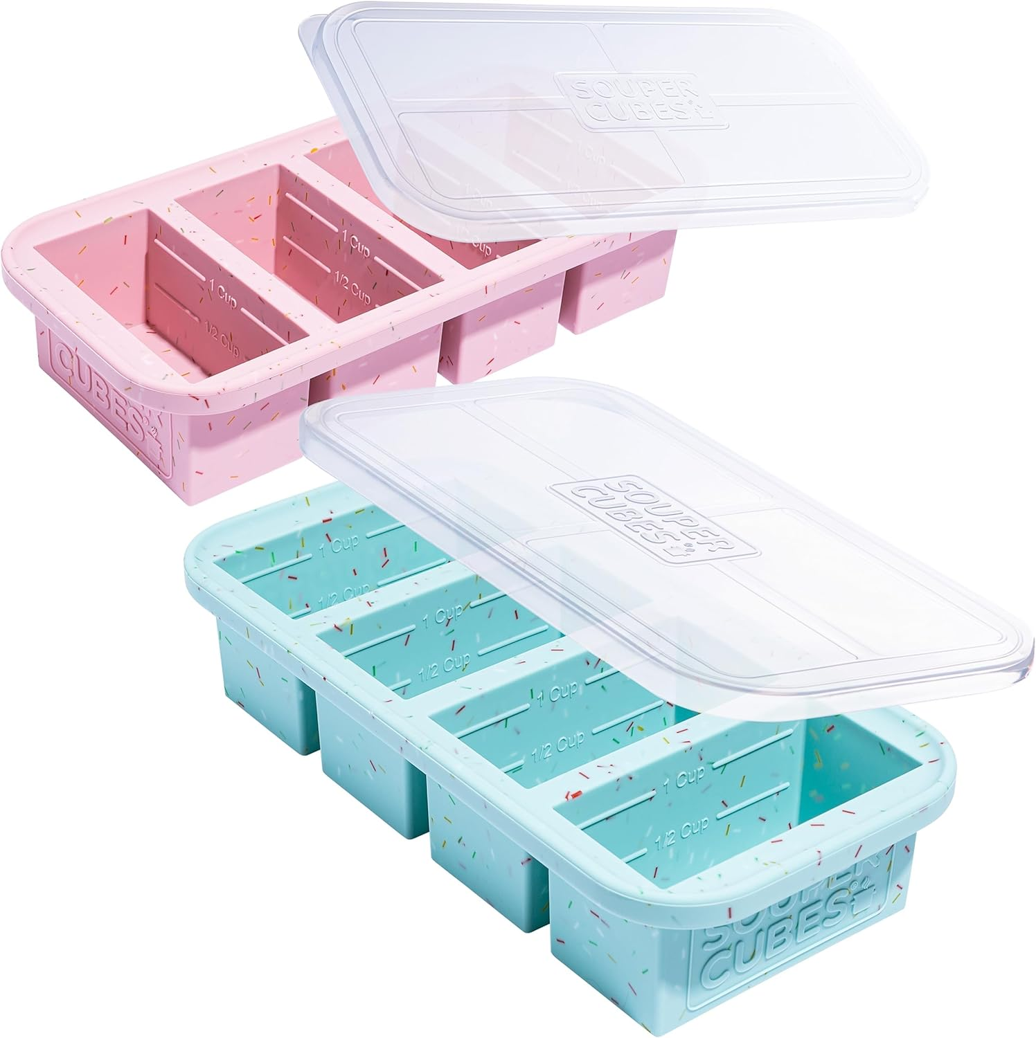 Souper Cubes 1 Cup Silicone Freezer Tray with Lid - Easy Meal Prep Container and Kitchen Storage Solution - Silicone Molds for Soup and Food Storage - Sprinkles - 2-Pack