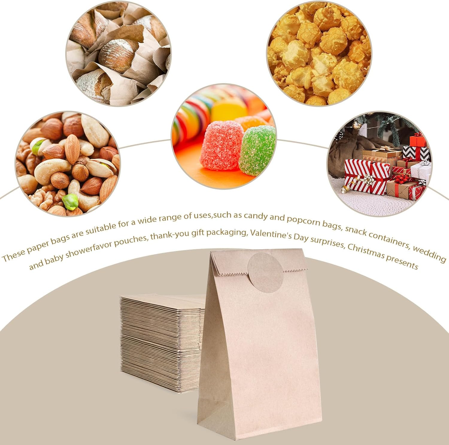 Shindel 120PCS Kraft Paper Bags, Brown Paper Bags with Stickers Mini Snack Bag Lunch Bag Treat Bag for Baby Shower Wedding Party Favors DIY Crafts image number 3