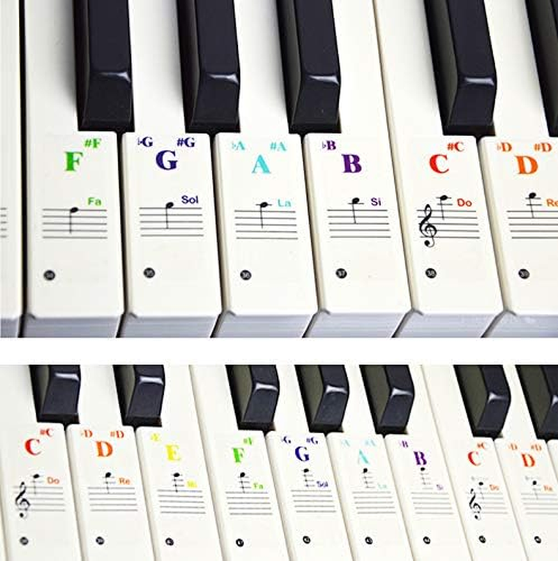Colored Keyboard Stickers for 88/61/49/37 Key Keyboards, Full Set Transparent and Removable Piano Key Note Stickers for Kids and Beginners