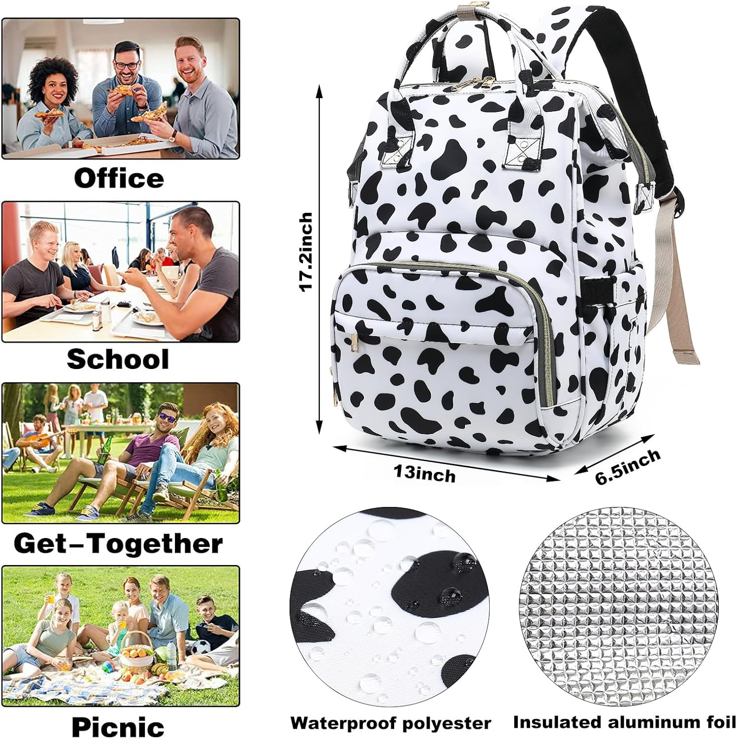 Fuyicat Insulated Lunch Laptop Backpack Backpack for Women, Girls School Backpack College Bookbags Picnic Cooler Backpack - Cow Print image number 5