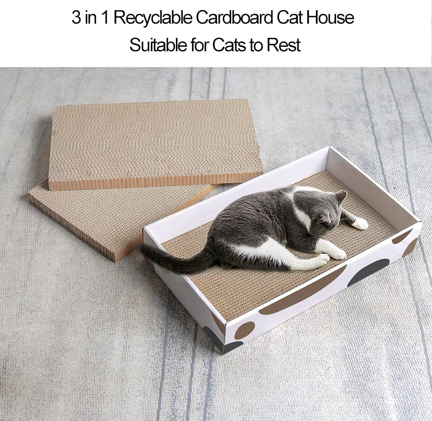 Mumoo Bear 3 Packs Cat Scratcher Pad with Cat Box,Durable Cat Scratcher Cardboard Refill,3 in 1 Recyclable Cardboard Cat House Suitable for Cats to Rest,Grind Claws and Play,Reversible Scratch Box