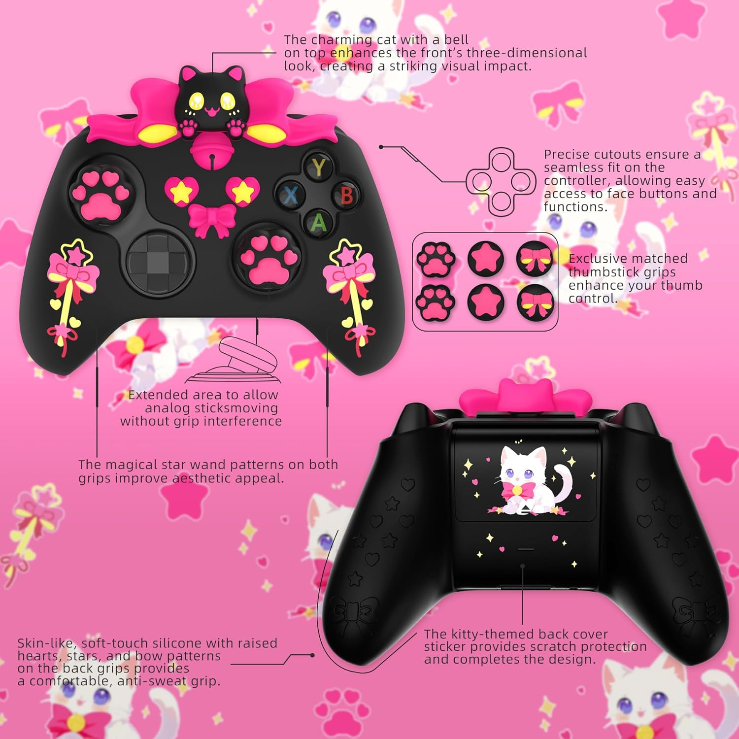Playvital Sweetheart Kitty Silicone Cover Compatible with Xbox Series X/S Controller with Thumb Grips and Stickers, Soft Rubber Protector with Anti-Slip Grip for Xbox Core Controller - Black - Black image number 4