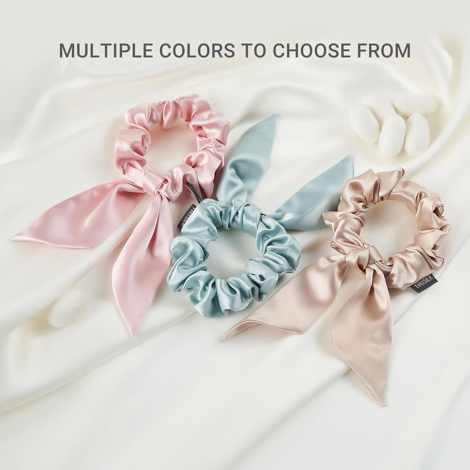 THXSILK Hair Silk Scrunchies with Bow for Women Pure Mulberry Silk Hair Cute Kitsch Scrunchies for Girls Women'S Thick Hair Grey - 5Pcs Warm Color image number 5