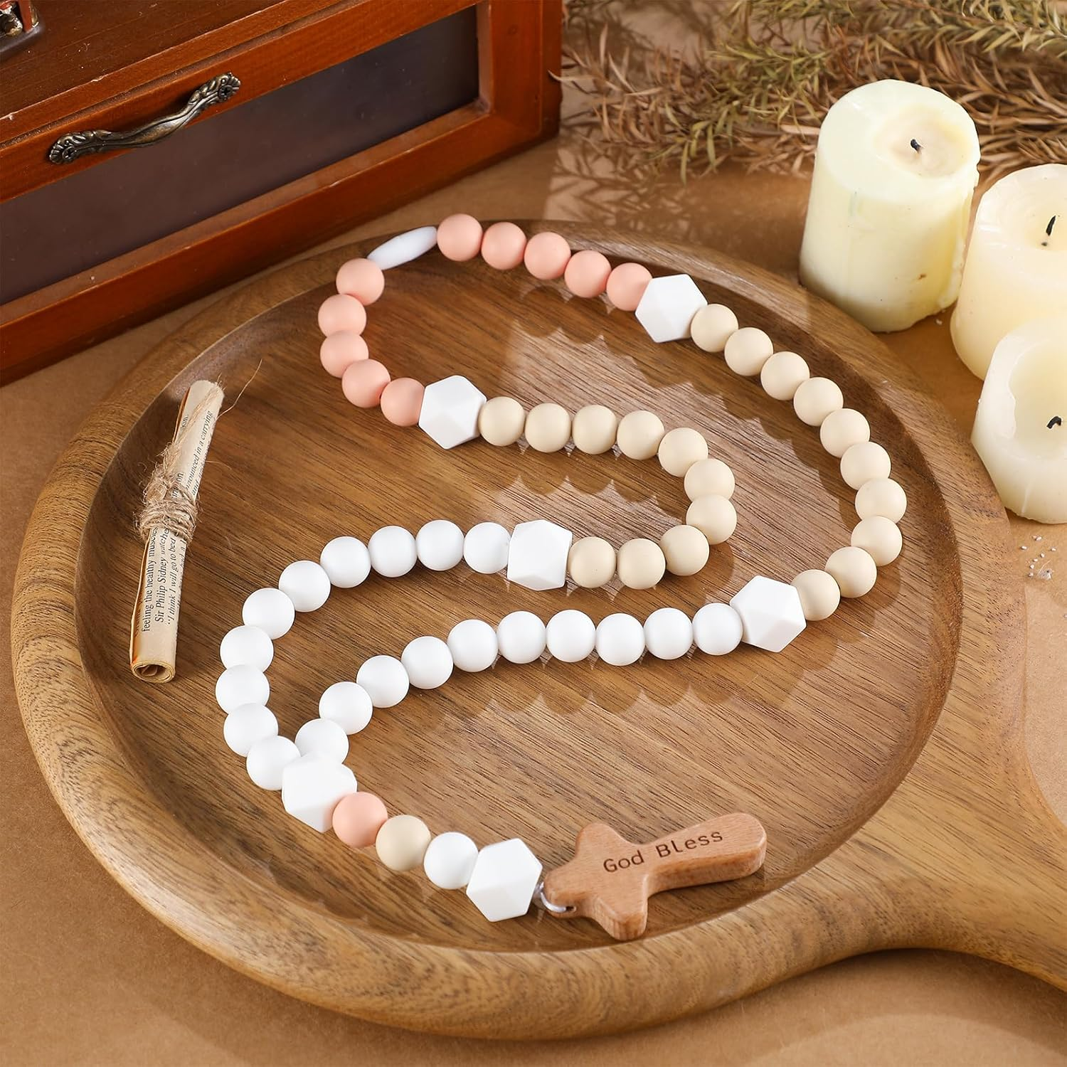 Misdary Baby Rosary Baptism Gift Silicone God Bless Kids First Rosary with Cross 1St Year Baptism Party Supply for Baby Shower Christian Communion Gifts (Multicolor,Square)