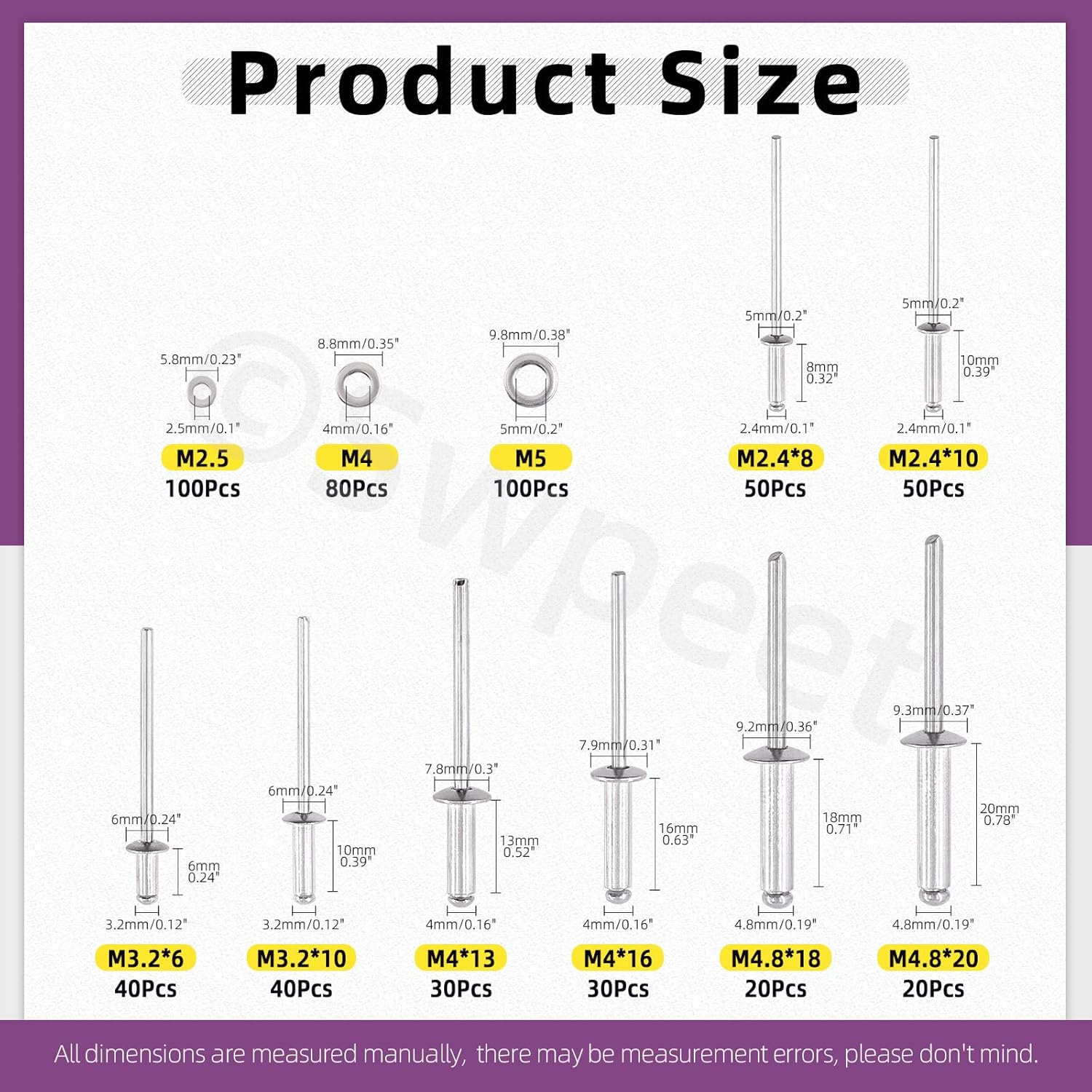 Swpeet 560Pcs Silver 3/32" 1/8" 5/32" 3/16" Pop Rivets Assortment Kit with Stainless Steel Backup Washers, Assorted Aluminum Blind Rivets with Divider Labeled Case for Storage - Silver image number 3