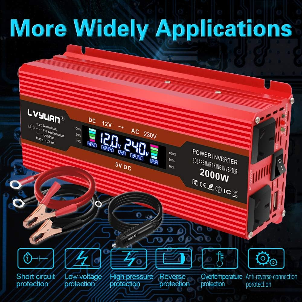 Yinleader 1000W/2000W(Peak) Car Power Inverter DC 12V to 240V AC Converter with Intelligent LCD Display Dual AC Outlets Dual USB for RV Caravan Truck Laptop(Red) image number 5