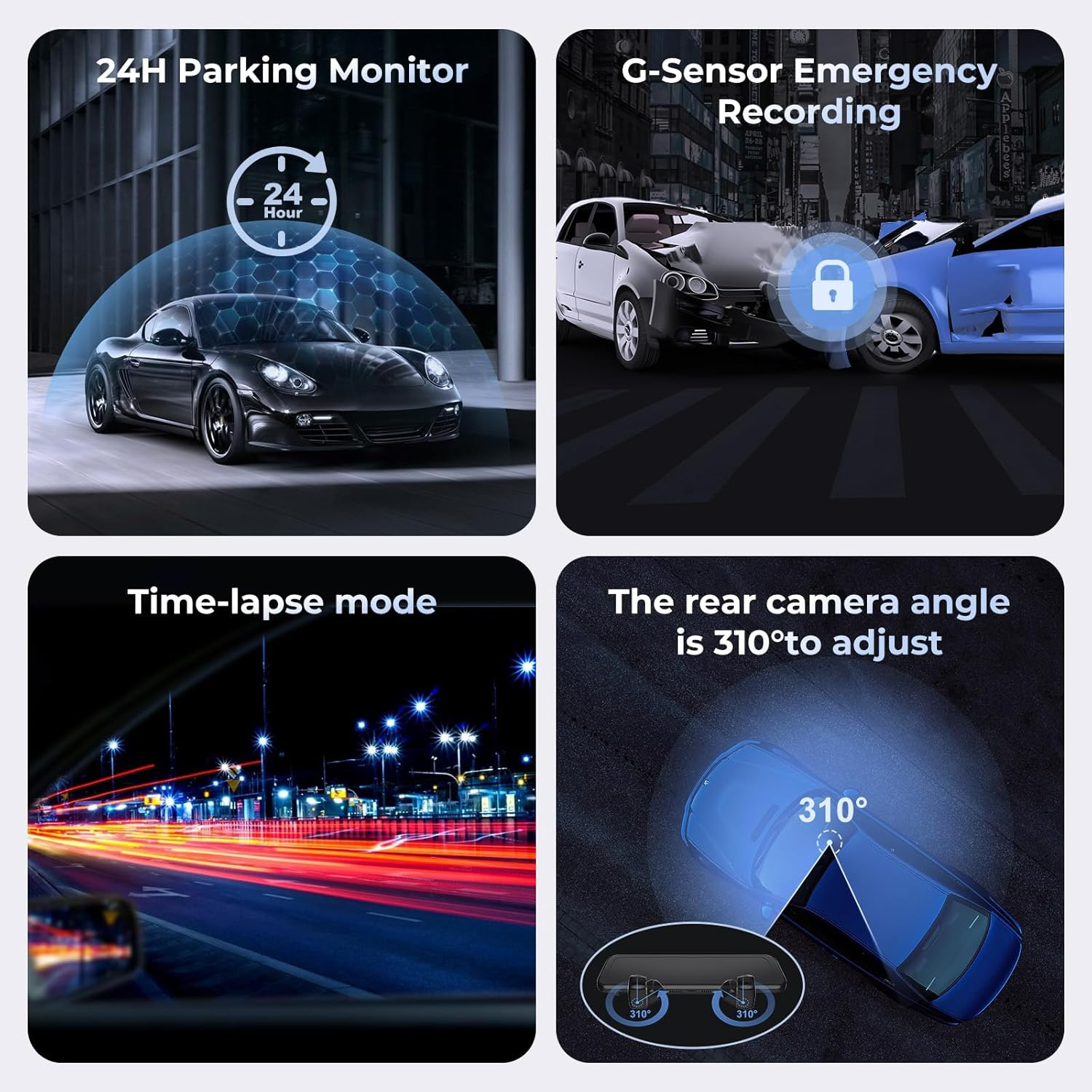 PRUVEEO H5-4CH 12'' Rear View Mirror Camera,4 Channel Mirror Dash Cam Detached Camera Fhd1080Px4,Dash Cam Front and Rear and Side(Left,Right),Night Vision,Gps,Parking Monitor,Free 128GB Card image number 3