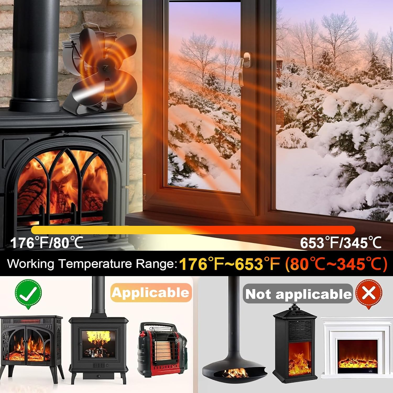 4-Blade Heat Powered Stove Fan for Wood/Log Burner/Fireplace Increases 80% More Warm Air than 2 Blade Fan- Eco Friendly image number 5
