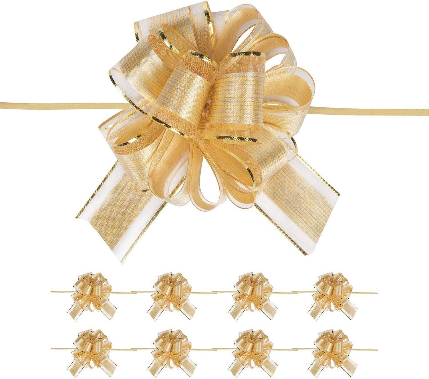 20 PCS Large Pull Bow Gift Wrapping Bows, Pull Bow with Ribbon for Wedding Gift Baskets, Party Gift Wrap Bows, Presents Decorating Bows (Gold) image number 5