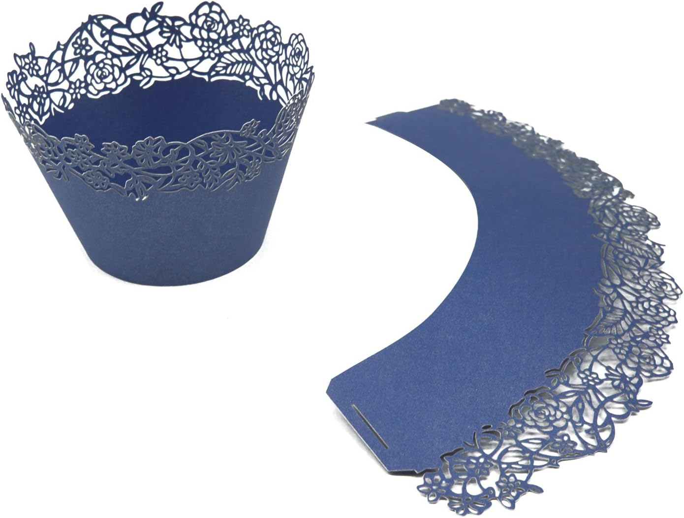 Cupcake Wrappers Pack of 50 Deep Blue Filigree Artistic Bake Cake Paper Cups Little Vine Lace Laser Cut Liner Baking Cup Muffin Case Trays for Wedding Party Birthday Decoration -By KEIVA (Deep Blue) image number 1