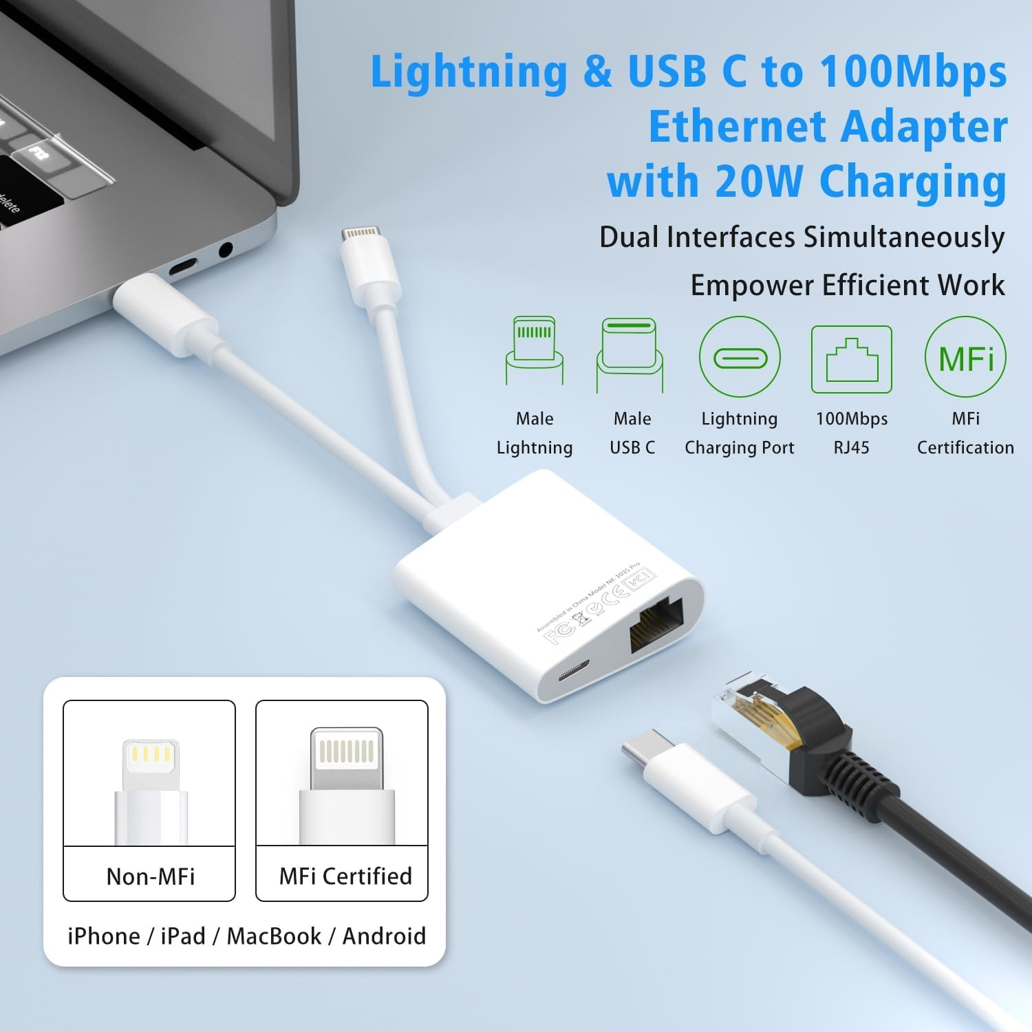 2-In-1 USB C & Lightning to Ethernet Adapter, RJ45 LAN Network Dongle with PD Charging Port, 100Mbps Gigabit Internet Adapter for Iphone, Ipad, Macbook, Plug and Play image number 3