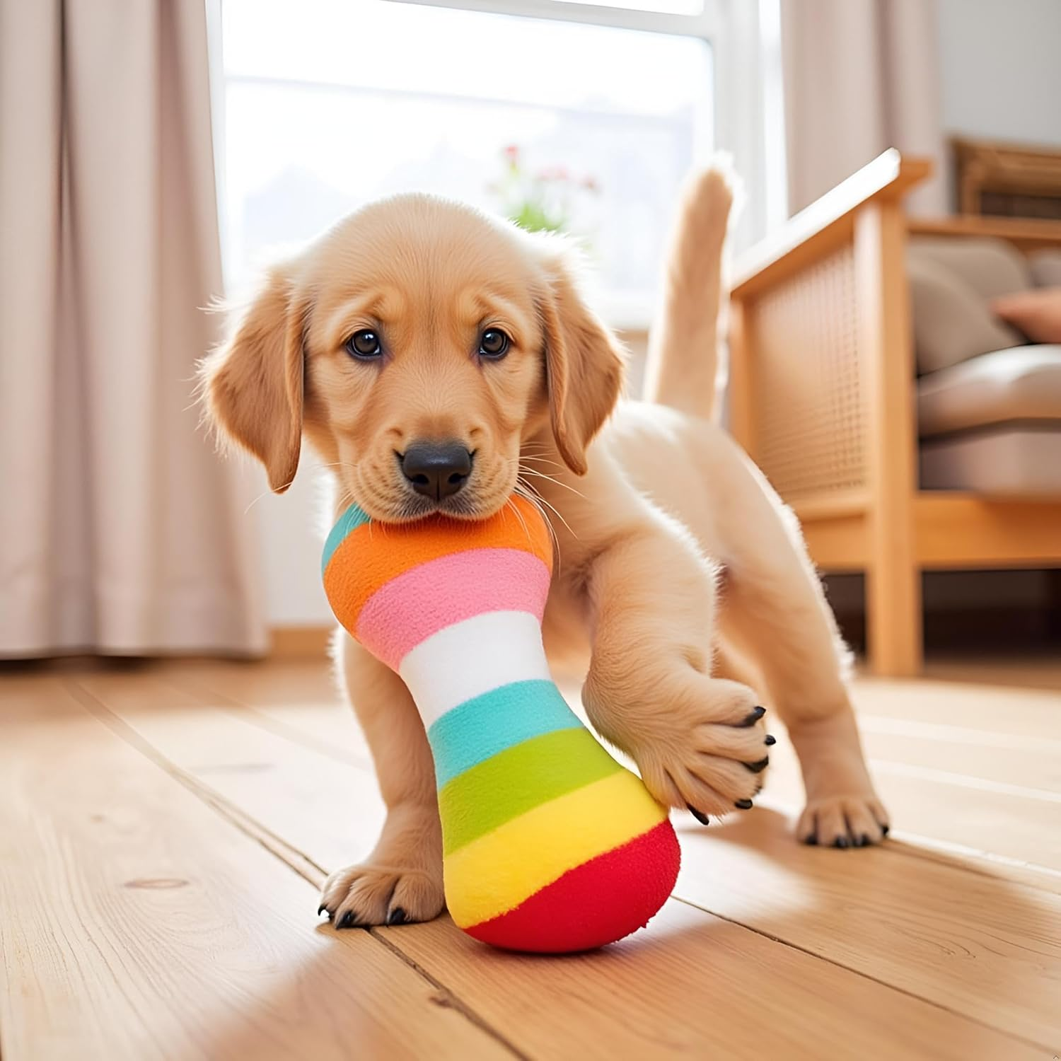 2Pcs Dog Plush Vocal Rainbow Dog Bone-Shape Chewing Pet Supplies for Pet Playing Use Adorable Quality and Practical Attractive and Professional Bone with Puncture Resistant Squeaker, Chew image number 2