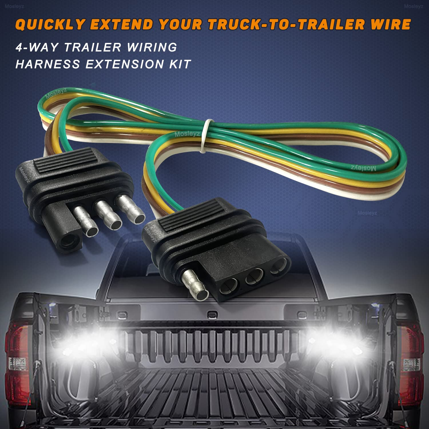 Mosleyz Trailer Wire Extension 4-Way 4 Pin Plug, 4 Wire 4-Flat Connector with Male & Female Plug 18 AWG 26 Inch Hitch Light Trailer Wiring Harness Extender