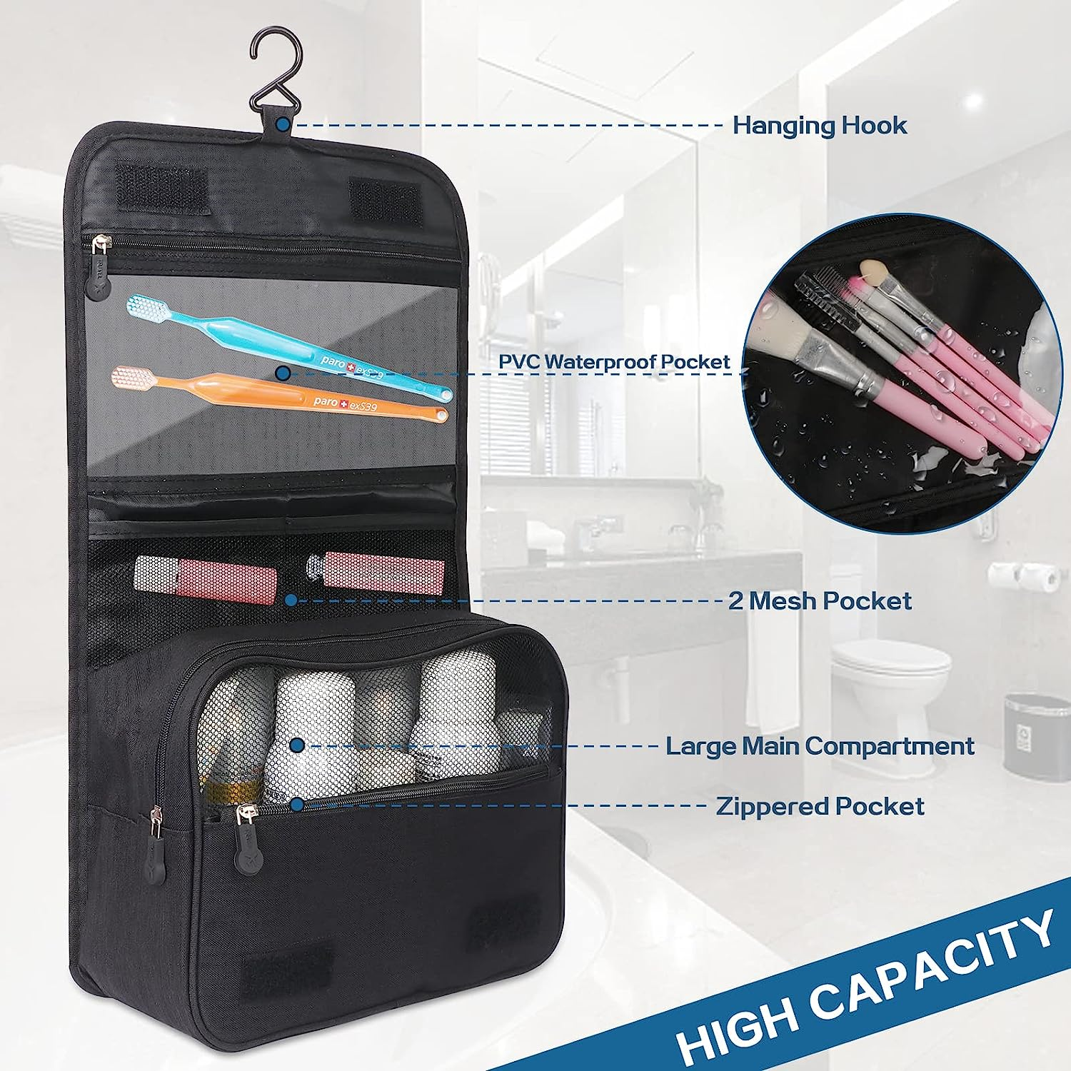 Simpolor Hanging Toiletry Bag, Large Capacity Men'S and Women'S Cosmetic Bag, Waterproof Portable, 23.5 X 9 X 19Cm, Black image number 1